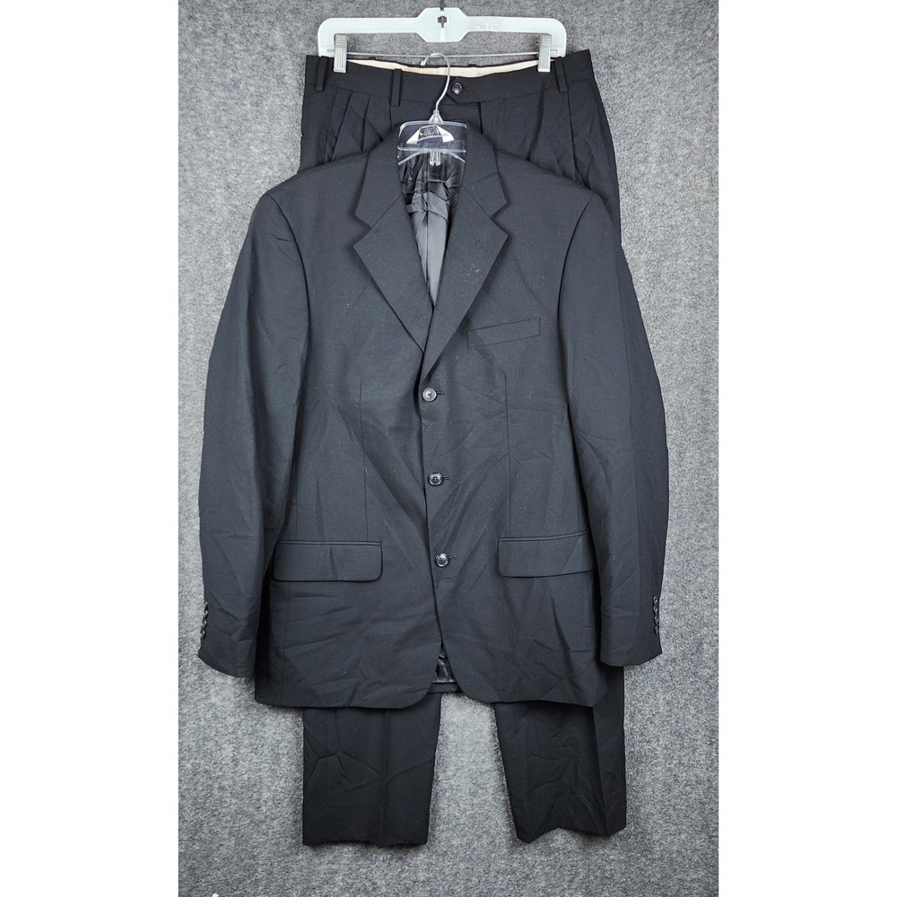 Versini 2 Piece Suit Mens 39L Black 3 Button Blazer Pleated Trousers Formal